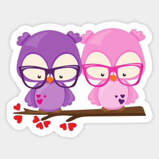 Valentine's Day Owls, Pink Owl, Purple Owl, Hearts Sticker